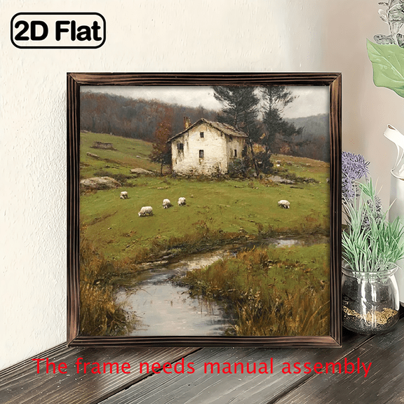 2D Flat, 1pc Rustic Farmhouse Sheep by River Wooden Sign Framed Vintage Landscape Decor for Bathroom, Kitchen, Office Serene Pastoral Scene with House Stream Perfect Gift for Family Friends