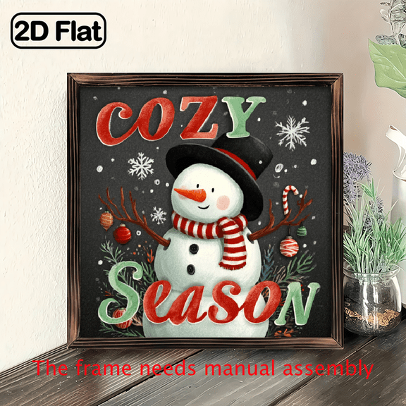 2D Flat, 1pc Rustic Farmhouse Snowman Wooden Framed Wall Decor - Vintage Floral background with Red Green Accents, Candy Cane stripes - Wood Christmas Decoration for Living Room, Entryway, Housewa