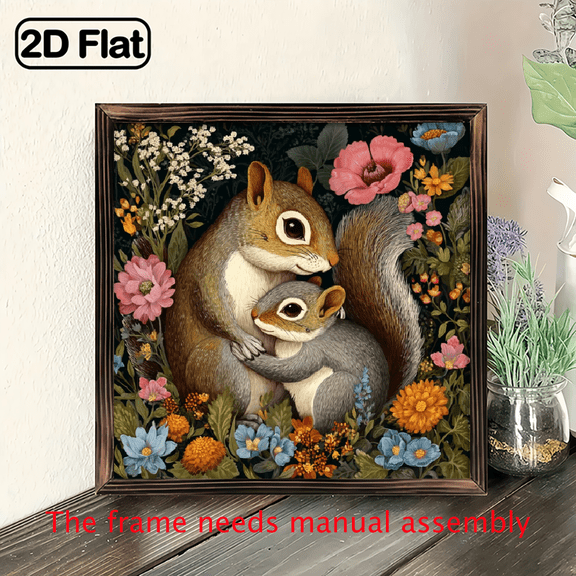 2D Flat, 1pc Rustic Farmhouse Squirrel Wall Art - Vintage Floral Wooden Framed Mother Baby Squirrel Painting, Dark Brown Wood Square Vertical Wall Decor for Living Room, Garden, Cabin - Easy to