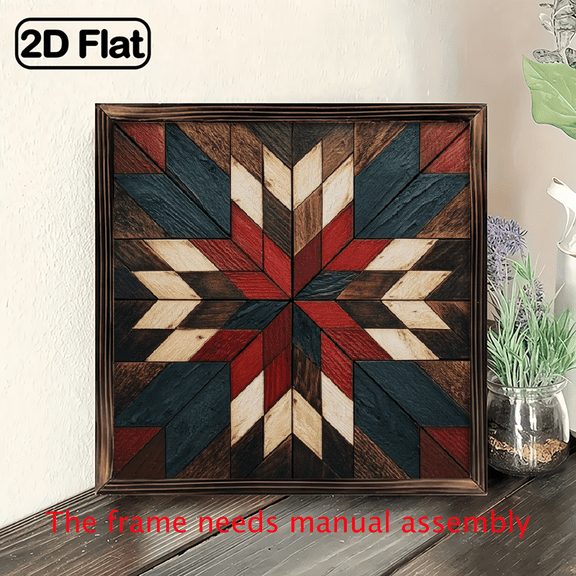 2D Flat 1pc Rustic Farmhouse Style Barn Quilt with Star Striped Wooden Wall Logo with Frame - 8X8 Inch, Vintage Star Design in Cyan, Black And Red, Perfect for Bedroom, Office Or Garage Decor, Ide