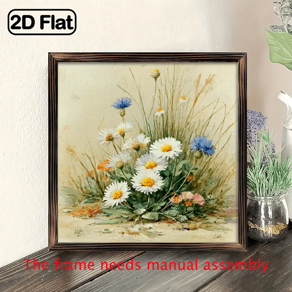 2D Flat, 1pc of Rustic Farmhouse Style Framed Wall Art, Corner Daisy Art Print with Vintage Wooden Frame Wall Decor - Charming Country Style, 8x8 Inches, Farmhouse Vintage Decoration, Suitable f