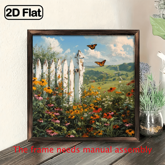 2D Flat, 1pc Rustic Farmhouse Wall Art - Romantic Butterfly Garden Scene with White Picket Fence, 8x8 inch Wood Sign, Vintage Home Decor for Bedroom, Living Room, Office, Garden, Patio Decor, Coun