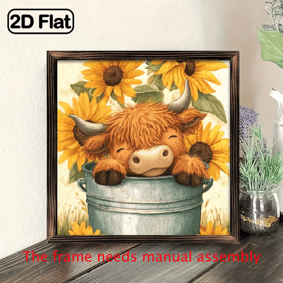 2D Flat, 1pc Rustic Farmhouse Wall Decor - Highland Cow in Sunflower Bucket Watercolor Art on Wood, 8x8 Inch Vintage Home Decoration for Kitchen, Living Room, Bedroom, Cow Print Room Decor, Cow De