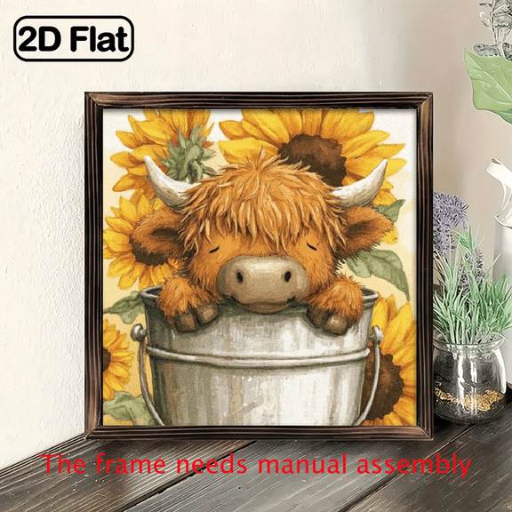 2D Flat, 1pc Rustic Farmhouse Wall Decor - Highland Cow in Sunflower Bucket Watercolor Art on Wood, 8x8 Inch Vintage Home Decoration for Kitchen, Living Room, Bedroom, Cow Print Room Decor, Cow De