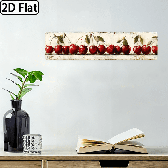 2D Flat 1pc Rustic Farmhouse Wall Decor - Realistic Cherry Metal Sign - Vintage Kitchen Decoration - Easy Hang Installation - for Cafe, Dining Room, Home - Farmhouse Tabletop or Wall Decoration -