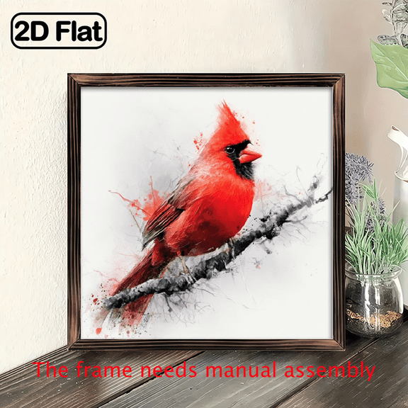 2D Flat, 1pc Rustic Farmhouse Wall Decor - Red Cardinal Bird Painting with Watercolor Branches - Recycled Artificial Wood - Easy Hang Living Room, Bedroom, Kitchen Decoration - Vintage Home Art Pr