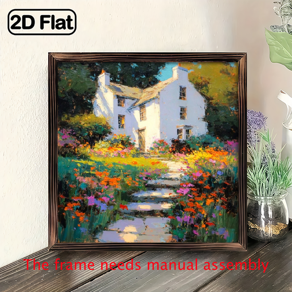 2D Flat, 1pc Rustic Farmhouse White House with Floral Garden at Dusk Wooden Framed Wall Art - 8x8 Inch Vintage Cottage Painting, Soft Pastel Colors Warm Glow Lighting, Easy-to-Hang Decorative Plaq