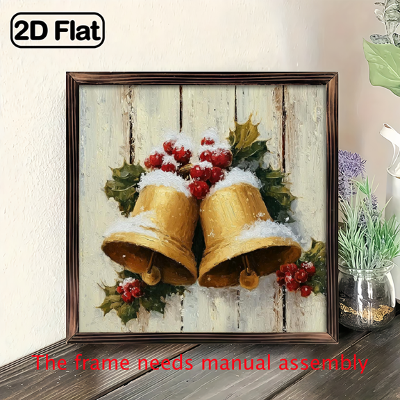 2D Flat, 1pc Rustic Farmhouse Winter Snow-Covered Bells Red Berries Wooden Framed Wall Art Sign with Golden Bells - 8x8 (2032x2032cm) Snowy Christmas Decoration, Hook-Mounted Indoor Holiday Decor