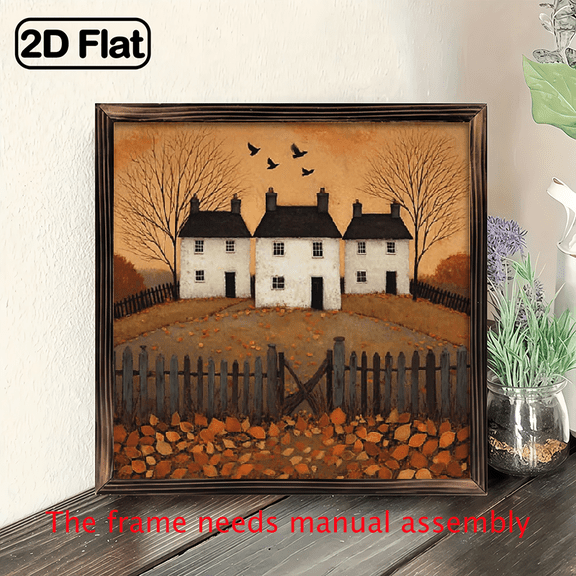 2D Flat, 1pc Rustic Farmhouse Wooden Framed Wall Art - 8x8 Inch White-Washed Cottage Scene Panel with Golden Frame, Autumn White Houses Brown Doors, 2D Flat Print Wood Sign for Kitchen, Bathroom