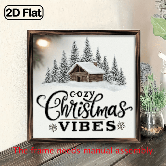 2D Flat, 1pc Rustic Farmhouse Wooden Framed Wall Sign - Cozy Christmas Cabin Winter Scene with Cozy Christmas Vibes Lettering, Snowy Log Cabin Pine Trees - Wood Plaque for Xmas, New Year's, Living