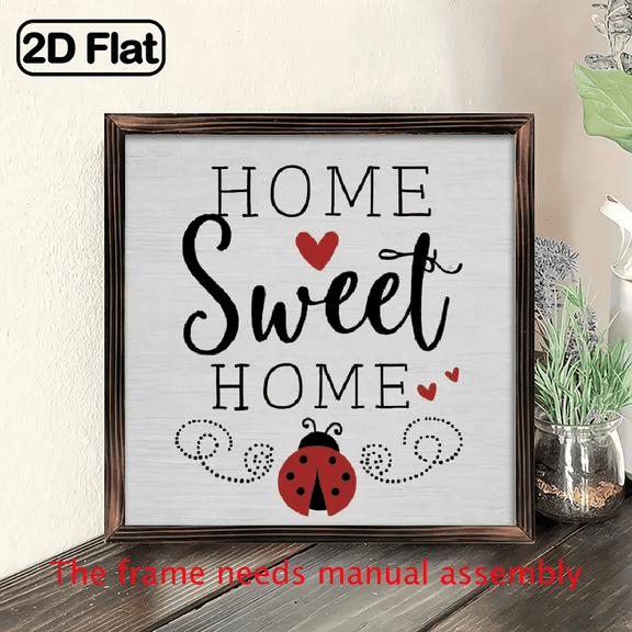 2D Flat, 1pc Rustic Farmhouse Wooden Home Sweet Home Ladybug WallDesk Sign - Red Lettering with Black Ladybug Heart Cutouts, Wood Frame, Easy-Hang Flat Panel for Christmas, Housewarming Gift, Li