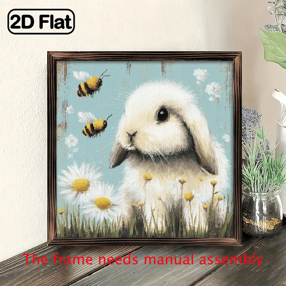 2D Flat, 1pc Rustic Farmhouse Wooden Rabbit Wall Hanging - Framed Horizontal Bunny Decor Suitable for Easter, Spring, Wood with Hook, Flat Panel Rabbit Decoration for, Doorway, Cafe, Easter Gift