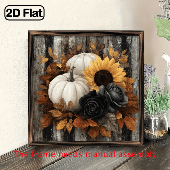 2D Flat, 1pc Rustic Farmhouse Wooden Wall Art with White Pumpkins, Black Roses Sunflowers - 8x8 Inch Autumn Fall Decor, Beige Brown Wood Plaque for Entryway, Kitchen, Halloween Christmas Decoration