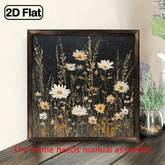 2D Flat, 1pc Rustic Farmhouse Wooden Wildflower WallTabletop Decor - Vintage Spring Floral Art Sign with Black White Daisy Design, Frame for IndoorOutdoor Use, Easter Home Decoration, Farmhouse St