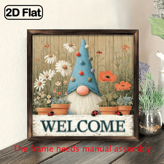 2D Flat - 1pc Rustic GnomeBy Daisies Scene Spring Welcome Wooden Sign Farmhouse Style Spring Quotes, Perfect Indoor Decorative Signs Plaques for Living Room and Space Decor, Unique Gift Idea, 8x8
