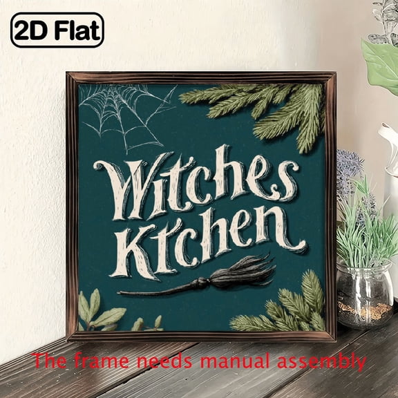 2D Flat, 1pc, Rustic Halloween Witch Decorative Sign - ''Witches Kitchen'' Wooden Sign, 8x8 Inch - with Framed Witchcraft Sign for Home, Bedroom, Bar or Cafe, Bathroom Wall Decor, Perfect Halloween