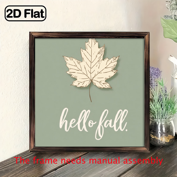 2D Flat, 1pc, Rustic Hello Fall Wood Framed Sign Fall Maple Leaf Wall Art for Autumn, Thanksgiving Gift, Farmhouse, Living Room, Entryway, Halloween Gifts, Decorative Sign, 8x8 Inch, 2D Flat