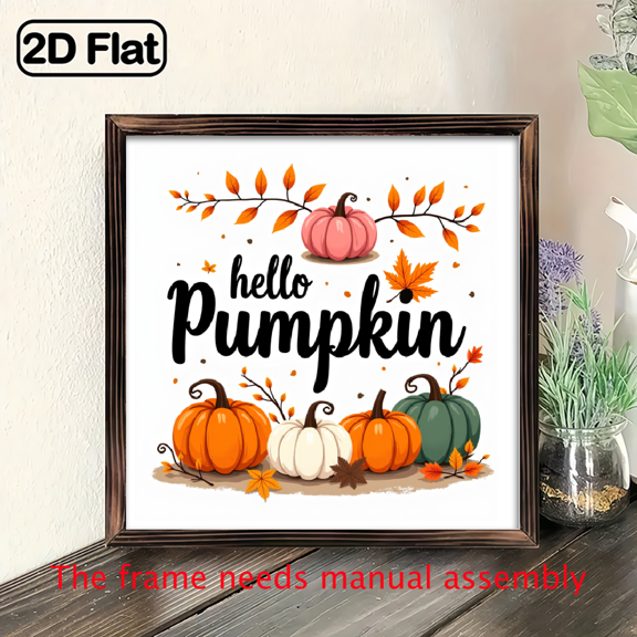 2D Flat, 1pc Rustic Hello Pumpkin Autumn Fall Wooden Wall Sign - 8x8 Inch Farmhouse Decor with Pumpkin Fall Leaves Design, Thanksgiving Home Kitchen Living Room Decor, 2D Flat Print, Seasonal Deco