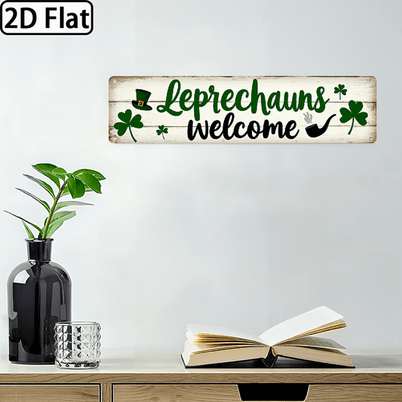 2D Flat, 1pc Rustic Leprechaun Welcome Metal Sign - Vintage Irish Pub Decor with Shamrock Design, 16x4in.
