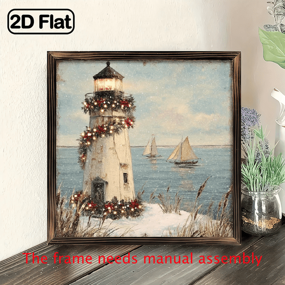 2D Flat, 1pc Rustic Lighthouse Sailboats Wall Art Painting - Nautical Coastal Framed Sign, 8x8 Inch Wood Frame, Vintage Lighthouse Decor for Living Room, Bedroom, Kitchen, Seaside Housewarming
