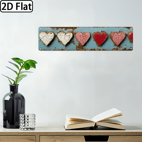 2D Flat, 1pc Rustic Love Hearts Metal Wall Art Sign - Vintage Farmhouse Decor with Cracked Pink Hearts, Iron Wall Hanging Suitable for Valentine's. 16*4in