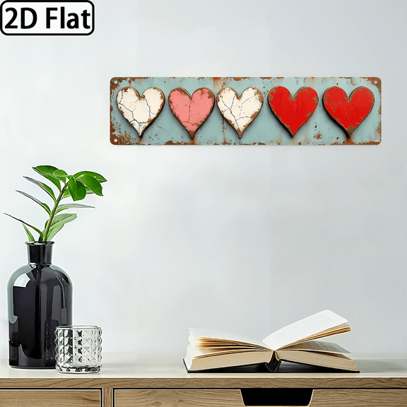2D Flat, 1pc Rustic Love Hearts Metal Wall Art Sign - Vintage Farmhouse Decor with Cracked Pink Hearts, Perfect Gift for Home or Office, 16x4in.