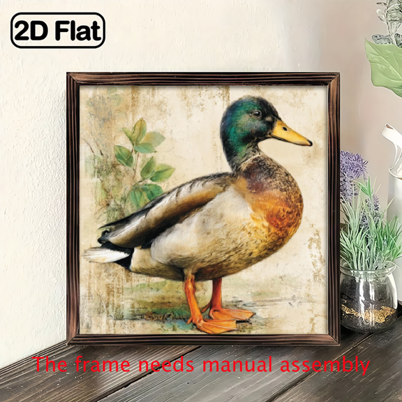 2D Flat, 1pc Rustic Mallard Duck Watercolor Painting Wall Art - Vintage Farmhouse Decor, Handcrafted Wood Frame, 8x8 Inch Wildlife Art for Living Room, Bedroom, Kitchen, Office, Duck Decor, Kitche