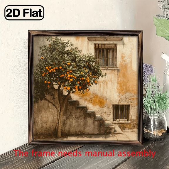 2D Flat, 1pc Rustic Mediterranean Orange Tree Spanish Staircase Wall Art - Solid-Look Artificial Wood Framed Sign, 8x8 Inch Vertical Farmhouse Decor for Living Room, Kitchen, Entryway - Housewar