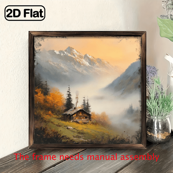 2D Flat, 1pc Rustic Mountain Cabin in Fog Wall Art - Vintage Farmhouse Decor with Recycled Wood Frame, 8x8 Inch, Easy Wall-Mounted for Living Room, Bedroom, Office, Country Home