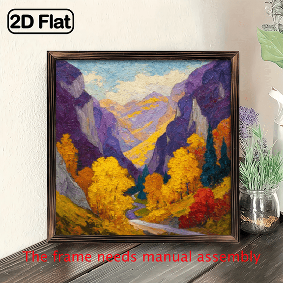 2D Flat, 1pc Rustic Mountain Landscape Wall Art - 8x8 Inch Recycled Wood Framed Painting, Textured Square Wood Board with Vibrant Autumn Colors, Vintage Farmhouse Decor Suitable for Living Room, B
