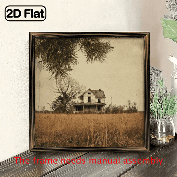 2D Flat, 1pc Rustic Old House Landscape Wood Framed Sign 8x8 Inch Vintage Farmhouse Style Wall Art with Weathered Texture, ideal for Living Room Office Decor, Decorative plague, Perfect Festive Gift.