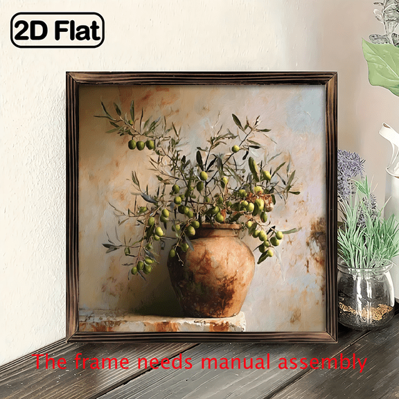 Rustic Olive Branch and Pottery Jar Still Life Painting Wooden Frame Sign Wall Art, Vintage Farmhouse Style Wall Decor for Kitchen, Living Room, Dining Room, Bedroom Painting Art Deco