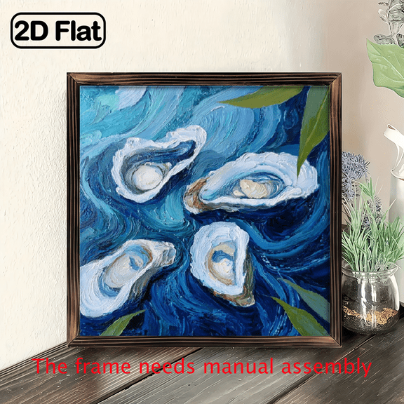 2D Flat, 1pc Rustic Oyster Seafood Wooden Frame Wall Art - Beach Theme Print Coastal Decor, 8x8 Inch Recycled Wood Sign for Kitchen, Dining Room, Bar Restaurant, Ocean Decor, Restaurant Decora