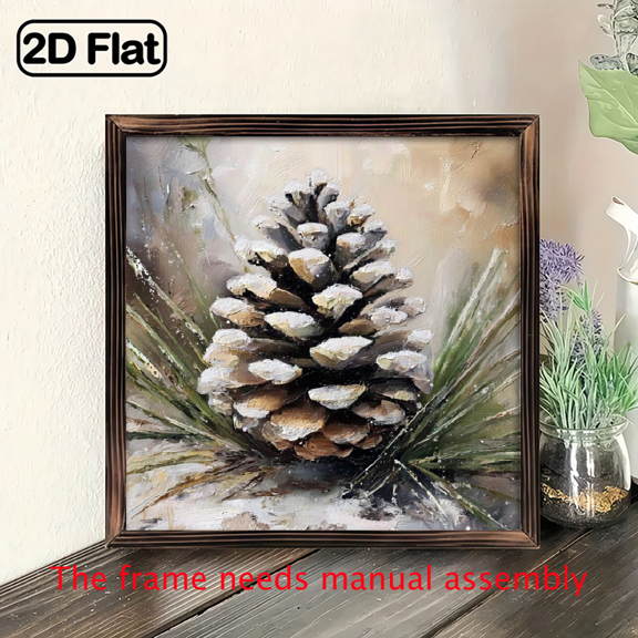 2D Flat, 1pc Rustic Pine Cones Needles Wooden Wall Art - 8x8inch Winter Decorative Sign with Realistic Pine Design, Perfect for Holiday Home, Cafe, Bar, Farmhouse - No Power Needed, Easy to Hang,