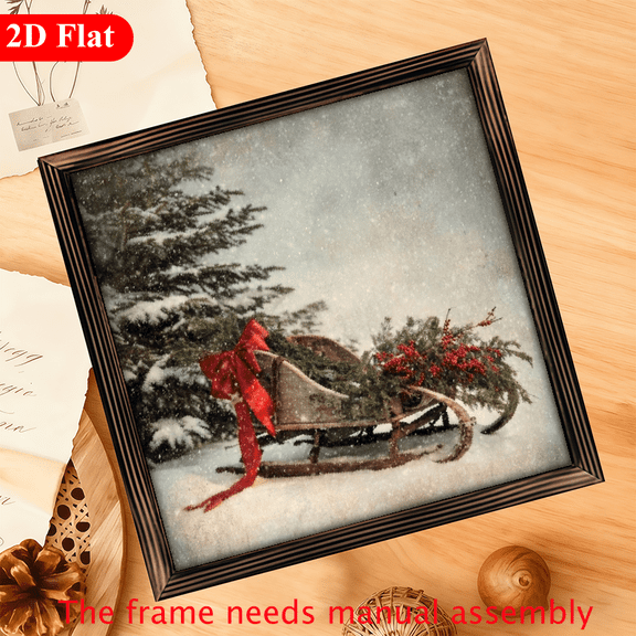 2D Flat - 1pc Rustic Pine Wood Framed Christmas Sleigh Wall Hanging Decor 12x12 Farmhouse Style Horizontal Sign with Red Bow Snowy Winter Scene - Durable Wooden Holiday Decoration for Home, Mantel