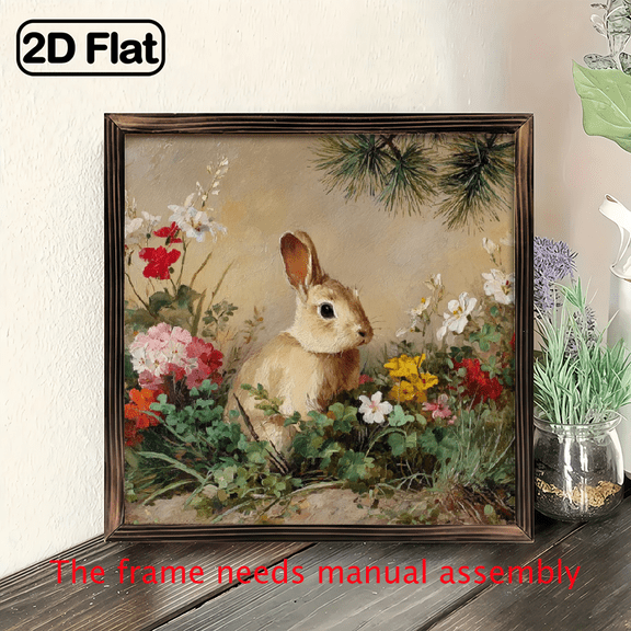 2D Flat - 1pc Rustic Rabbit Wildflowers Wooden Sign - 8x8 Inch Vintage Farmhouse Wall Decor with Frame, Perfect for Easter, Cafes, Home Office, Spring Spring, Rabbit Decor