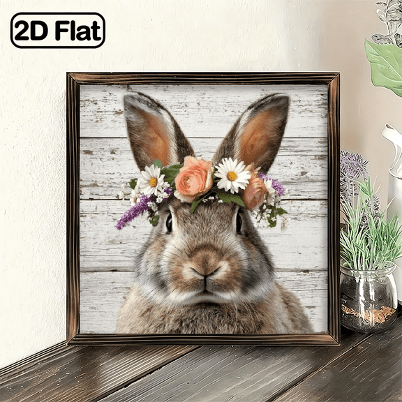 2D Flat - 1pc Rustic Rabbit Wreath Wall Decor with Wood Frame - Spring Easter Bunny Decoration, Wood Art for Farmhouse Living Room, Kitchen Entryway - Country Rabbit Wall Hanging Gift, 8x8 Inch De