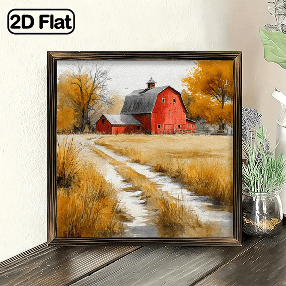 2D Flat - 1pc Rustic Red Barn Wood Framed Sign 8x8 Inch Farmhouse Style Wall Art with Autumn Scene, Perfect for Living Room, Office Desk, or Holiday Decor, Ideal Gift for Home Decor, Farmhouse Rus