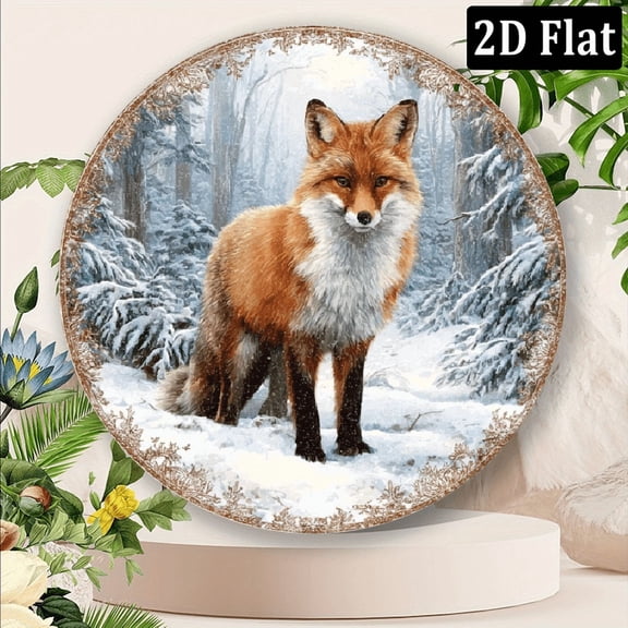 2D Flat, 1pc Rustic Red Fox Winter Theme Round Sign, 8x8 inches Home, Kitchen, Garden Office Vintage Decor, Perfect Holiday Gift, Art Craft Tool, Scrapbooking Foil Stamping