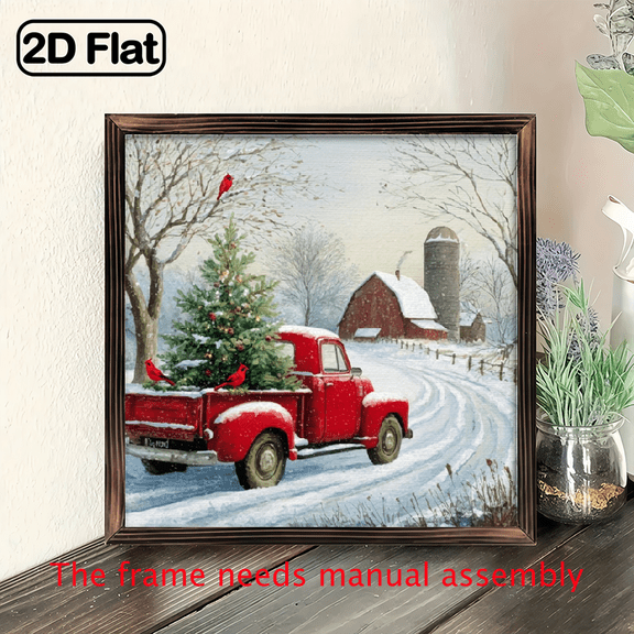 2D Flat, 1pc Rustic Red Truck Christmas Tree Wall Art - Vintage Farmhouse Winter Decor with Snowy Truck Green Tree, Wood Frame, 8x8 Inch Country Kitchen Bedroom Sign, Easy-Hang