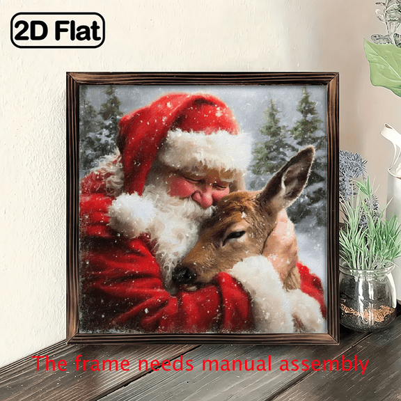 2D Flat, 1pc Rustic Santa Claus Hugging Reindeer Wood Framed Sign - 8x8 Inch Winter Scene Wall Decor, Recycled Wood Frame, Festive Christmas Decoration for Living Room, Bedroom, Kitchen
