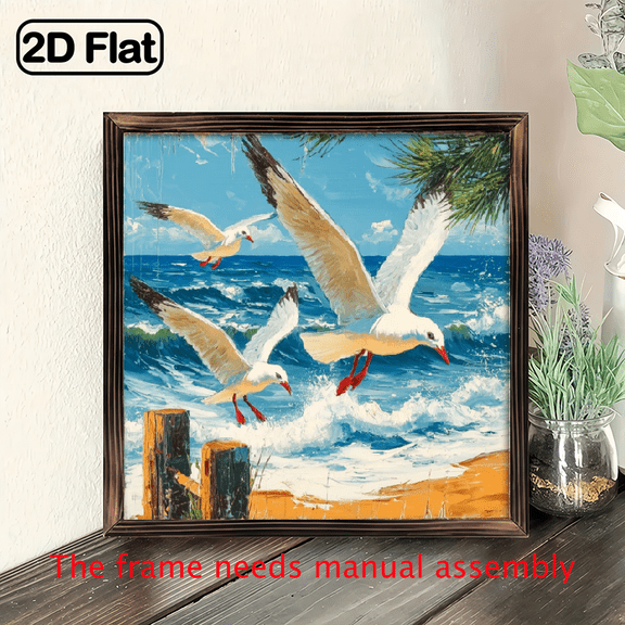 2D Flat, 1pc Rustic Seagulls Flying Over Beach Scene Wooden Wall Art - 8x8in Framed Coastal Nautical Painting, Handcrafted Look Beach Theme Decor with Soaring Seagulls Ocean Waves, Horizontal