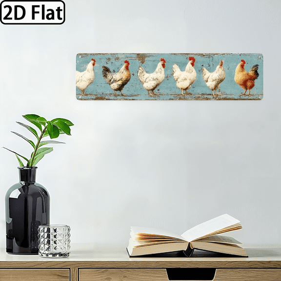 2D Flat, 1pc Rustic Six Chickens Metal Wall Sign - Vintage Farmhouse Decor with Turquoise Background Rustic Finish, 4x16 Inch, Easy to Hang for Kitchen, Living Room, Entryway, Chicken Decor, Ent
