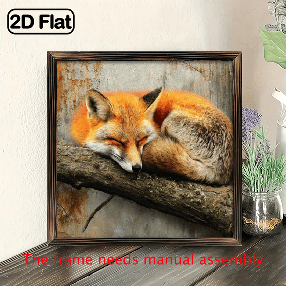 2D Flat, 1pc Rustic Sleeping Fox on Tree Branch Wooden Frame Wall Art - Vintage Farmhouse Decor, 8x8 Inch Wood Sign for Living Room, Bedroom, Office, No Batteries Needed, Fox Decor, Office Artwork