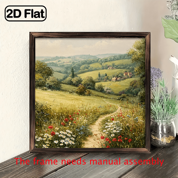 2D Flat, 1pc Rustic Spring Meadow Wildflower Path Landscape Wooden Sign with Frame - 8x8 Inch Decorative Art for Bathroom, Garage Office Desktop - Ideal Holiday Gift, Outdoor Deco