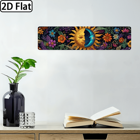 2D Flat - 1pc Rustic Sun and Moon Floral Metal Wall Sign Celestial Dreamy Decor, Vintage Style Wall Hanging for Bedroom, Living Room, Dorm, Yoga Studio 16x4 Inch, Colorful SunriseSunset Design, B