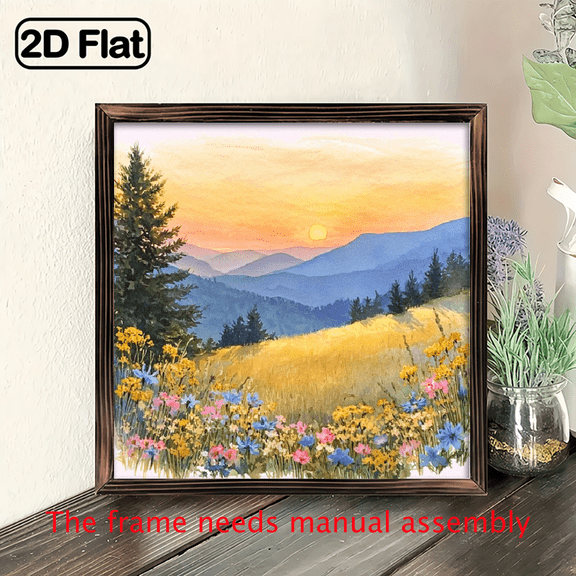 2D Flat, 1pc Rustic Sunset Wood Wall Art Framed - 8x8 Inch Vintage Landscape Painting with Mountains, Pastel Fields Dramatic Sky - IndoorDecor for Living Room, Bedroom, Office, Garden - Perfect Ho