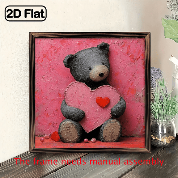 2D Flat, 1pc Rustic Teddy Bear Holding Heart Wood Framed Wall Art - 8x8 Inch Wood Sign with Cute Teddy Bear Heart Cutout, Farmhouse Decor, WeddingValentine's Gift, Love Keepsake for Decoration, 2D