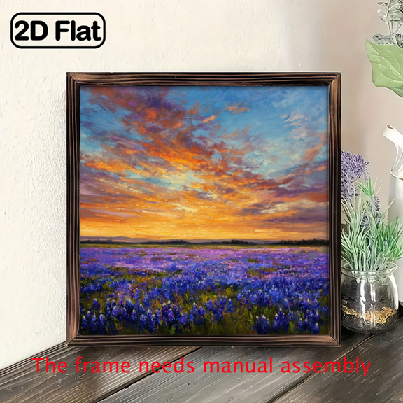 2D Flat - 1pc Rustic Texas Bluebonnet Sunset Field Frame 8x8 Inch Wooden Wall Art with Vibrant Wildflower Meadow Dramatic Sky, Perfect for Living Room, Bedroom, Farmhouse, or Office Decor, Farmhou