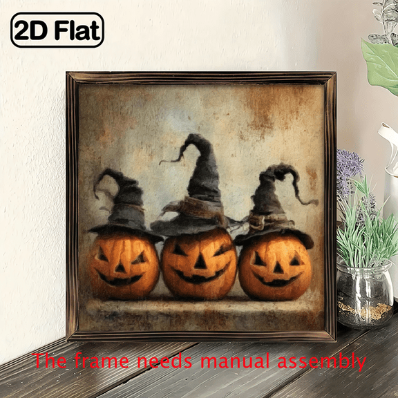 2D Flat, 1pc, Rustic Three Witches Jack-o'-Lantern Pumpkins with Hats Frame Wooden Sign Wall Decoration, Vintage Style Wall Decor for Halloween, Fall, Autumn, Thanksgiving, Home Decor, Decorative